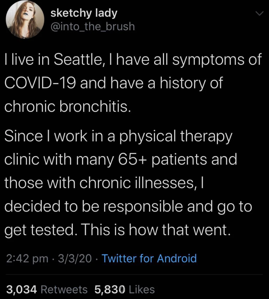 coronavirus testing - zombie quotes - sketchy lady I live in Seattle, I have all symptoms of Covid19 and have a history of chronic bronchitis. Since I work in a physical therapy clinic with many 65 patients and those with chronic illnesses, decided to be 