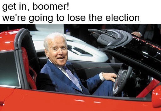 joe biden corvette - get in, boomer! we're going to lose the election