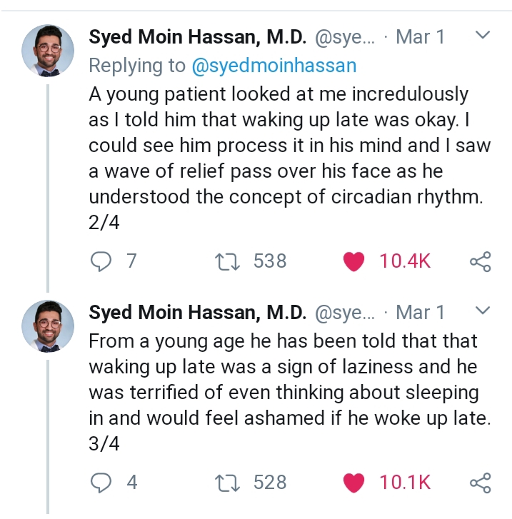 document - Syed Moin Hassan, M.D. ... Mar 1 v A young patient looked at me incredulously as I told him that waking up late was okay. I could see him process it in his mind and I saw a wave of relief pass over his face as he understood the concept of circa