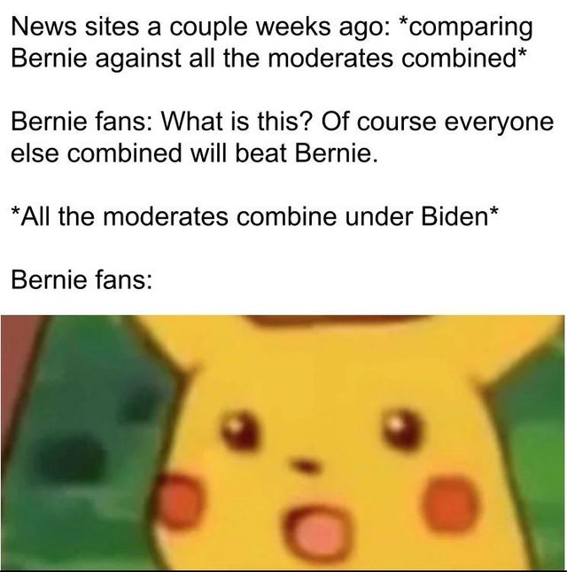 пикачу мем - News sites a couple weeks ago comparing Bernie against all the moderates combined Bernie fans What is this? Of course everyone else combined will beat Bernie. All the moderates combine under Biden Bernie fans