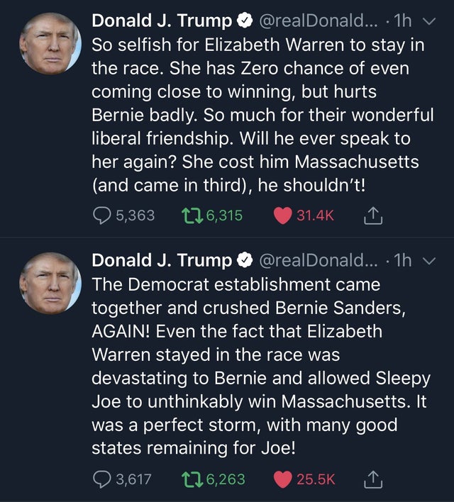 screenshot - Donald J. Trump ... . 1h v So selfish for Elizabeth Warren to stay in the race. She has Zero chance of even coming close to winning, but hurts Bernie badly. So much for their wonderful liberal friendship. Will he ever speak to her again? She 