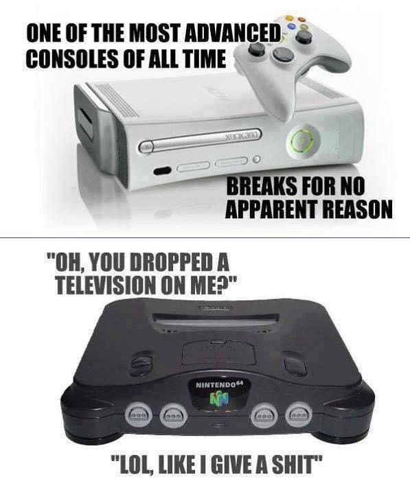 gaming memes - new thing bad old thing good - One Of The Most Advanced Consoles Of All Time Breaks For No Apparent Reason "Oh, You Dropped A Television On Me?" Nintendo 64 "Lol, I Give A Shit"