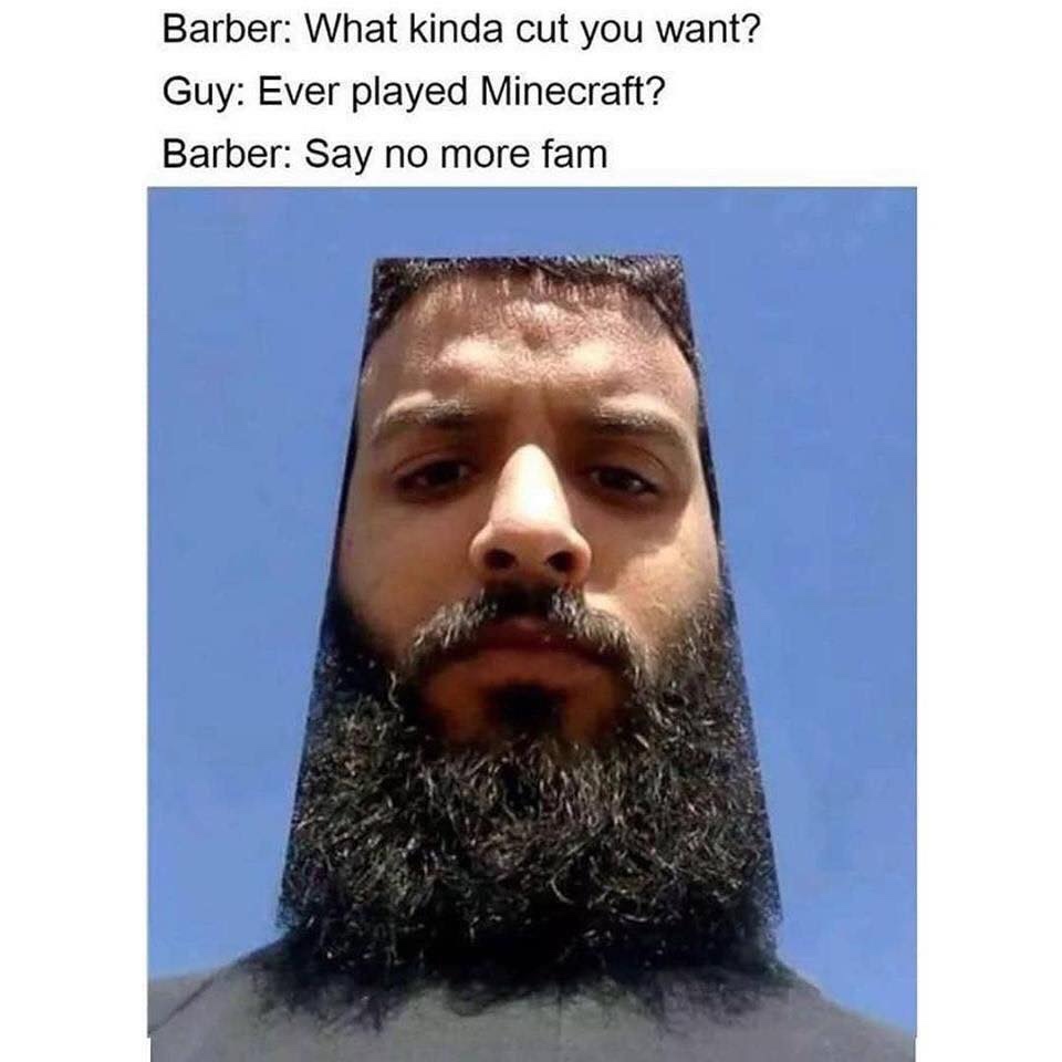 gaming memes - funniest memes - Barber What kinda cut you want? Guy Ever played Minecraft? Barber Say no more fam