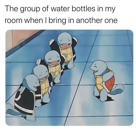 gaming memes - your squad meme - The group of water bottles in my room when I bring in another one