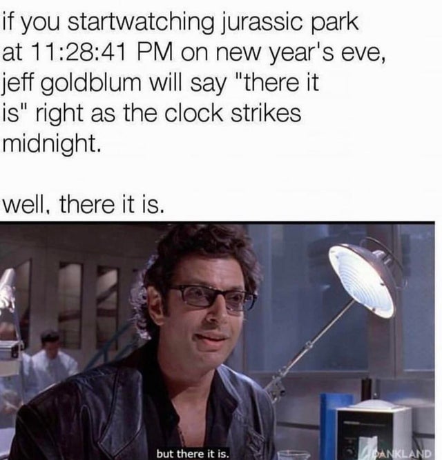 jurassic park meme - ian malcolm jurassic park - if you startwatching jurassic park at 41 Pm on new year's eve, jeff goldblum will say "there it is" right as the clock strikes midnight. well, there it is. but there it is. Pankland