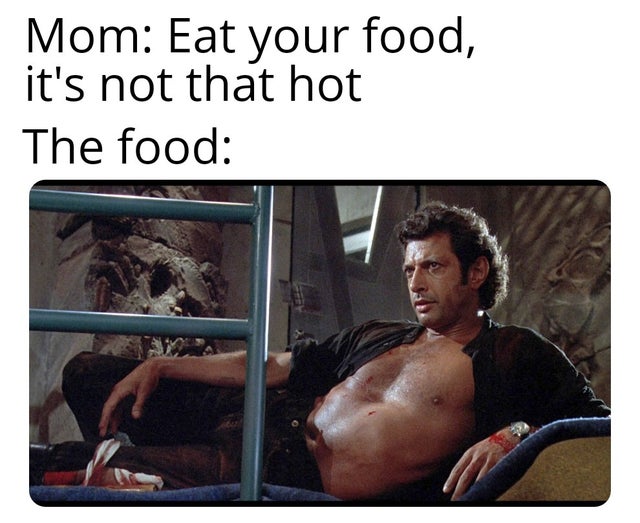 jurassic park meme - jeff goldblum jurassic park - Mom Eat your food, it's not that hot The food