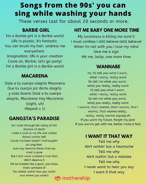menu - Songs from the 90s' you can sing while washing your hands These verses last for about 20 seconds or more. Barbie Girl Hit Me Baby One More Time I'm a Barbie girl in a Barble world My loneliness is killing me and 1 Life in plastic, it's fantastic Im
