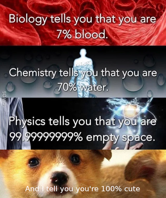 biology tells you that you re 7% blood chemistry tells you that you re 70% water physics tell you that you are - Biology tells you that you are 7% blood. Chemistry tells you that you are 70% water. Physics tells you that you are 99.99999999% empty space. 