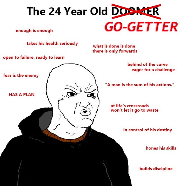 24 year old go getter - The 24 Year Old Doomer GoGetter enough is enough takes his health seriously what is done is done there is only forwards open to failure, ready to learn behind of the curve eager for a challenge fear is the enemy "A man is the sum o