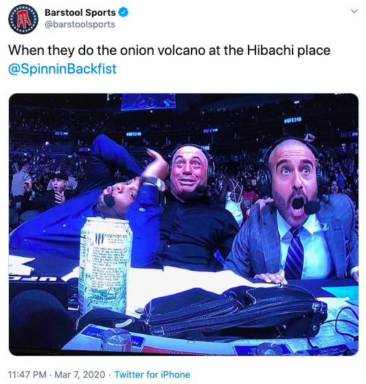 communication - Barstool Sports When they do the onion volcano at the Hibachi place Twitter for iPhone