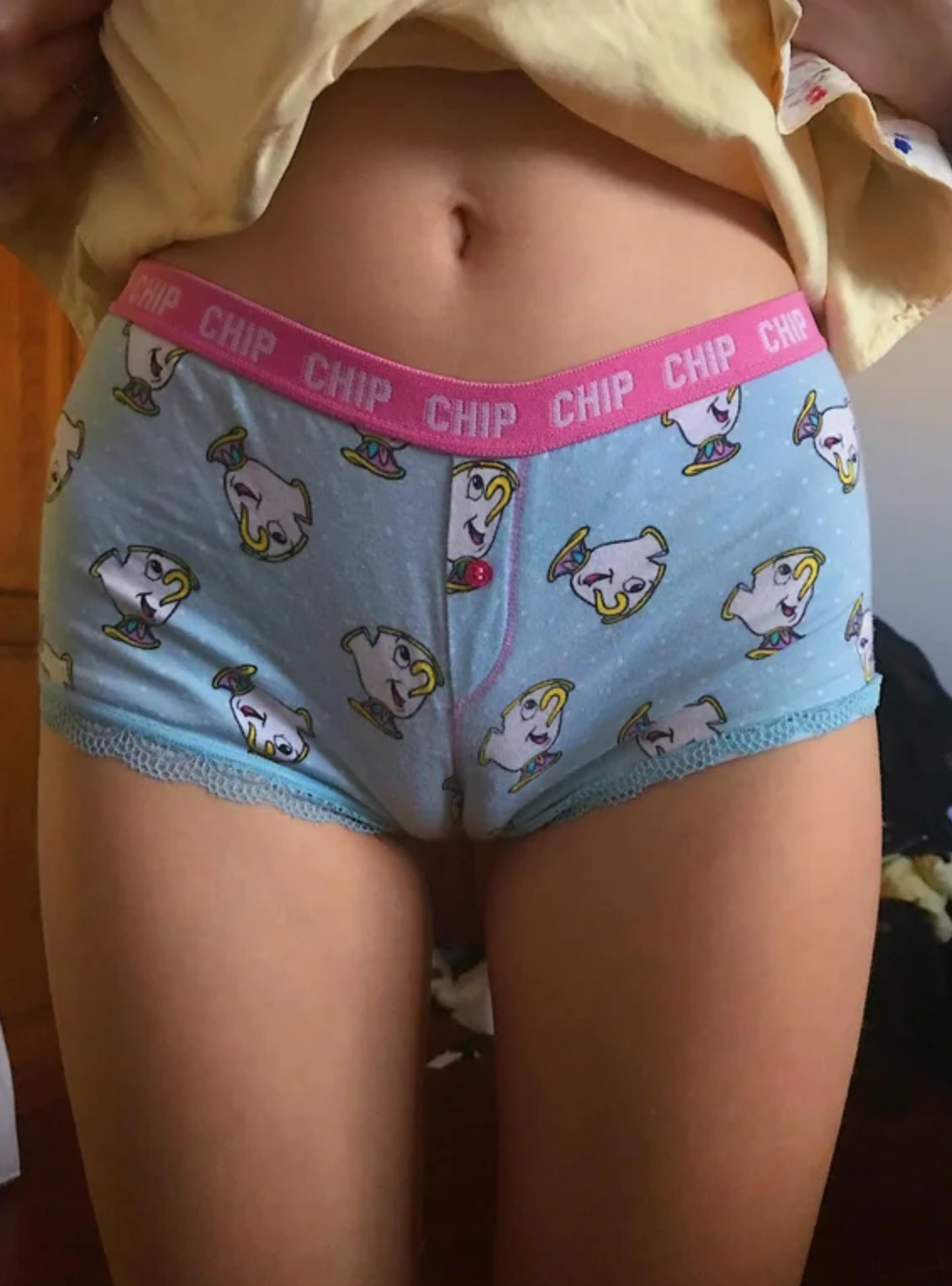 girl wearing beauty and the beast 'chip' underwear camel toe