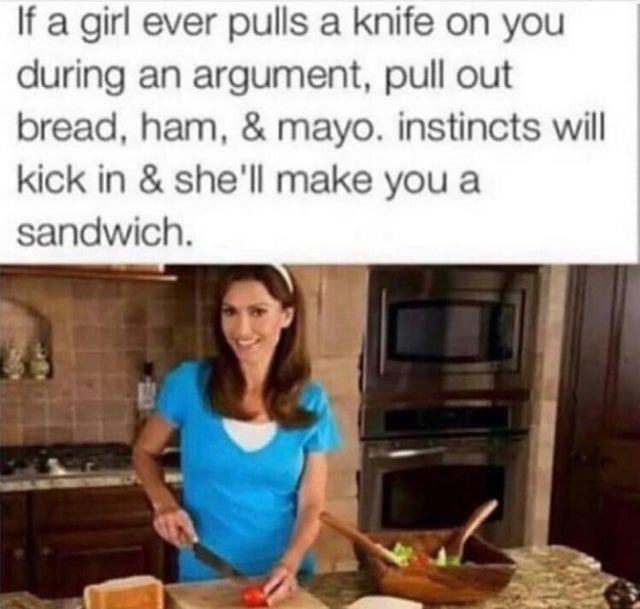 offensive memes, NSFW memes, dirty memes, dark memes, most offensive memes, funny memes, funny pictures, woman in her natural environment - If a girl ever pulls a knife on you during an argument, pull out bread, ham, & mayo. instincts will kick in & she'l