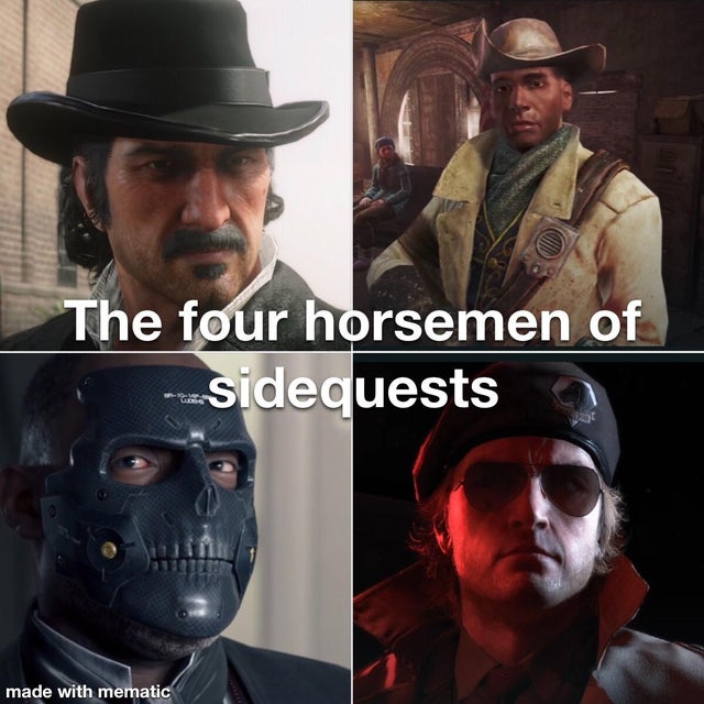 funny gaming memes, video game memes - bicycle helmet - The four horsemen of sidequests made with mematic