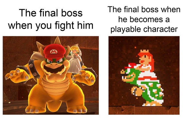 funny gaming memes, video game memes - cartoon - The final boss when you fight him The final boss when he becomes a playable character