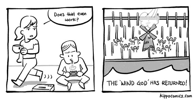 funny gaming memes, video game memes - cartoon - Does that even work? D > bon The Wind God' Has Returned! kippo Comics.com