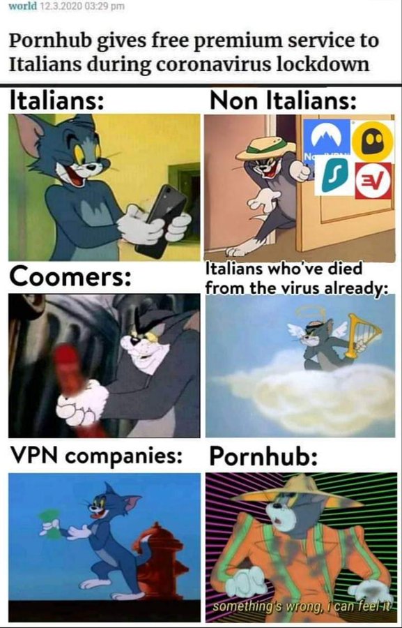 funny memes, 2020 sucks memes, coronavirus memes, friday 13th memes, toilet paper memes - cartoon - world 12.3.2020 Pornhub gives free premium service to Italians during coronavirus lockdown Italians Non Italians Coomers Italians who've died from the viru