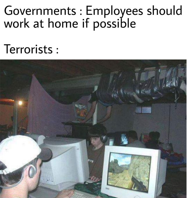 funny memes, 2020 sucks memes, coronavirus memes, friday 13th memes, toilet paper memes - hardcore lan party - Governments Employees should work at home if possible Terrorists