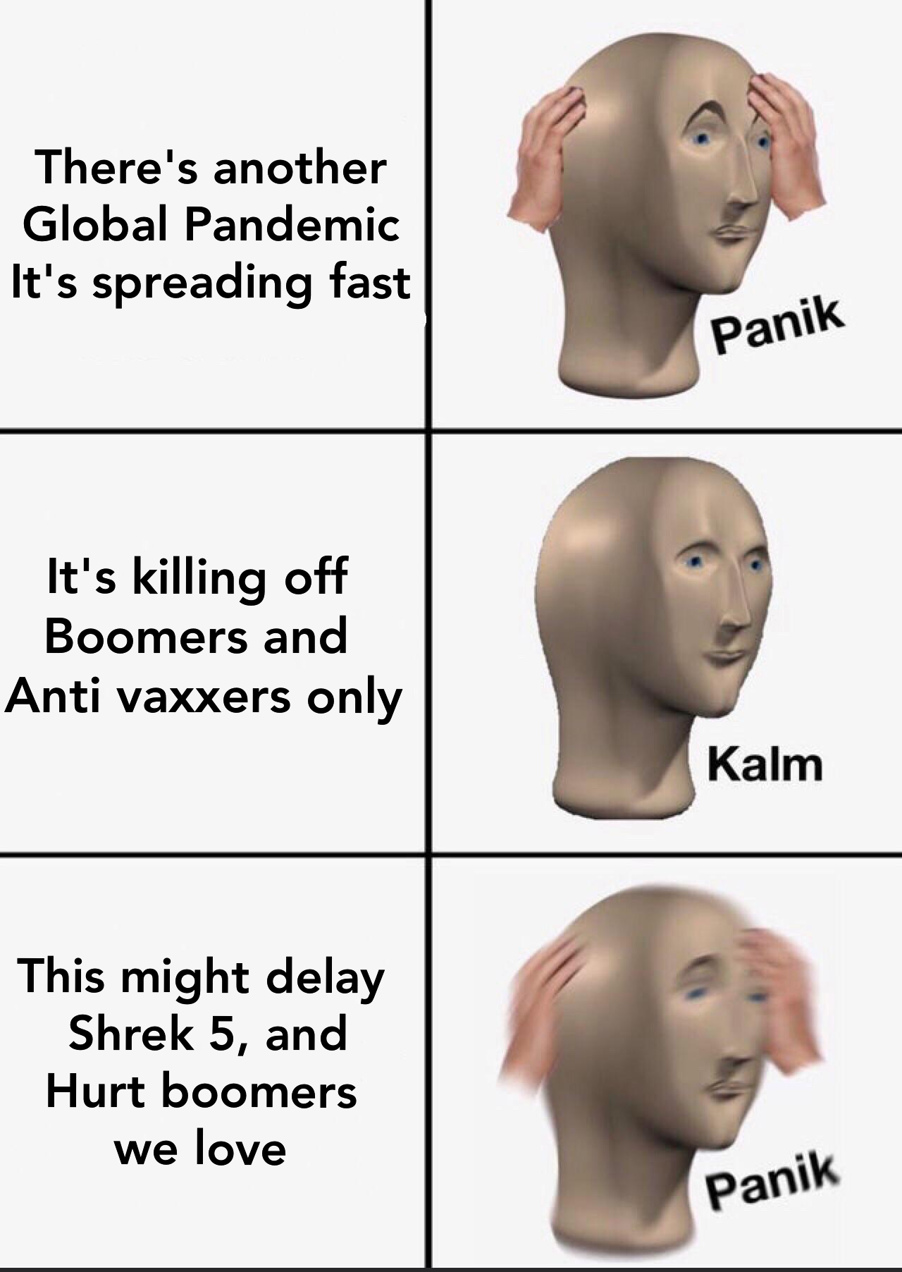 funny memes, 2020 sucks memes, coronavirus memes, friday 13th memes, toilet paper memes - Internet meme - There's another Global Pandemic It's spreading fast Panik It's killing off Boomers and Anti vaxxers only Kalm This might delay Shrek 5, and Hurt boom