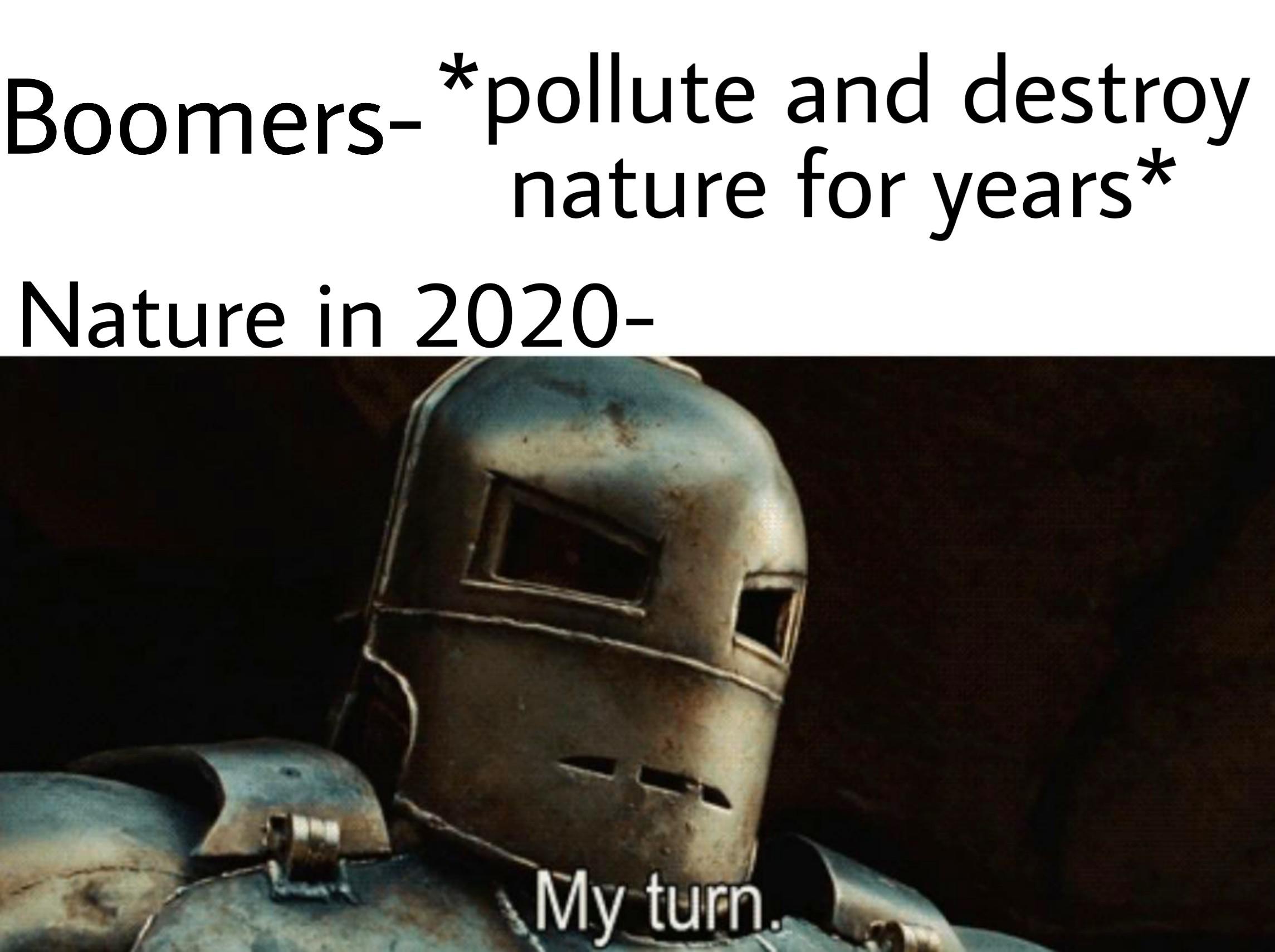 funny memes, 2020 sucks memes, coronavirus memes, friday 13th memes, toilet paper memes - iron man 1 memes - Boomers pollute and destroy nature for years Nature in 2020 My turn.