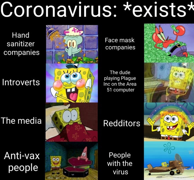 Internet meme - Coronavirus exists Hand sanitizer companies Face mask companies Introverts The dude playing Plague Inc on the Area 51 computer The media The media Redditors Redditors 99 00 Antivax people People with the virus