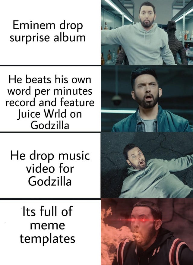 designs - Eminem drop surprise album He beats his own word per minutes record and feature Juice Wrld on Godzilla He drop music video for Godzilla Its full of meme templates