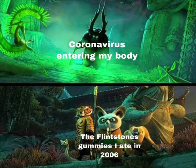 Internet meme - 06 000 Coronavirus entering my body The Flintstones gummies I ate in 2006