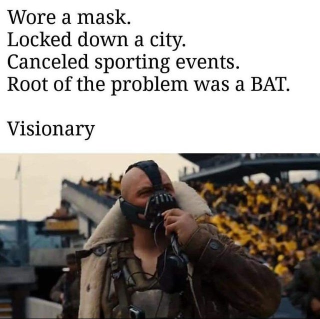 Bane - Wore a mask. Locked down a city. Canceled sporting events. Root of the problem was a Bat. Visionary