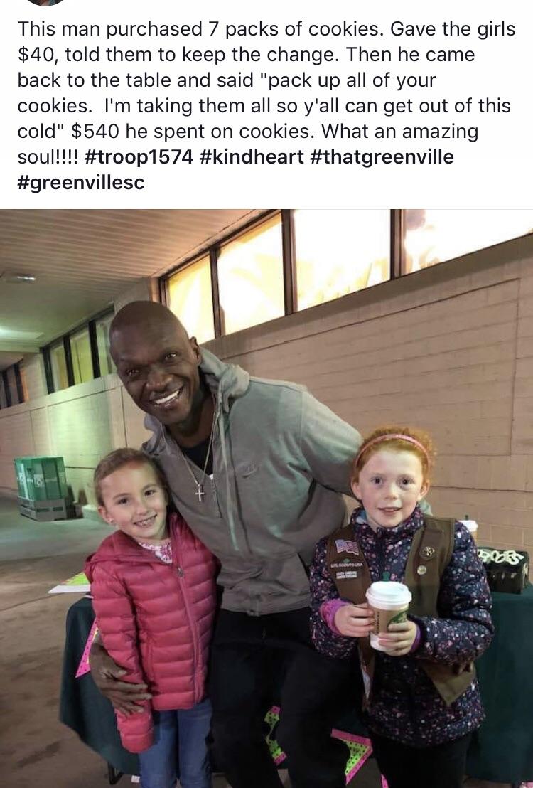 man buys girl scout cookies - This man purchased 7 packs of cookies. Gave the girls $40, told them to keep the change. Then he came back to the table and said "pack up all of your cookies. I'm taking them all so y'all can get out of this cold" $540 he spe