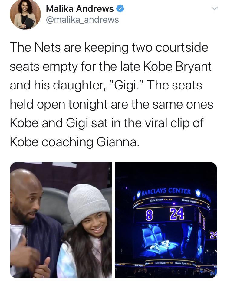kobe sweaters gigi - Malika Andrews The Nets are keeping two courtside seats empty for the late Kobe Bryant and his daughter, "Gigi." The seats held open tonight are the same ones Kobe and Gigi sat in the viral clip of Kobe coaching Gianna. Nter Barcla Ba