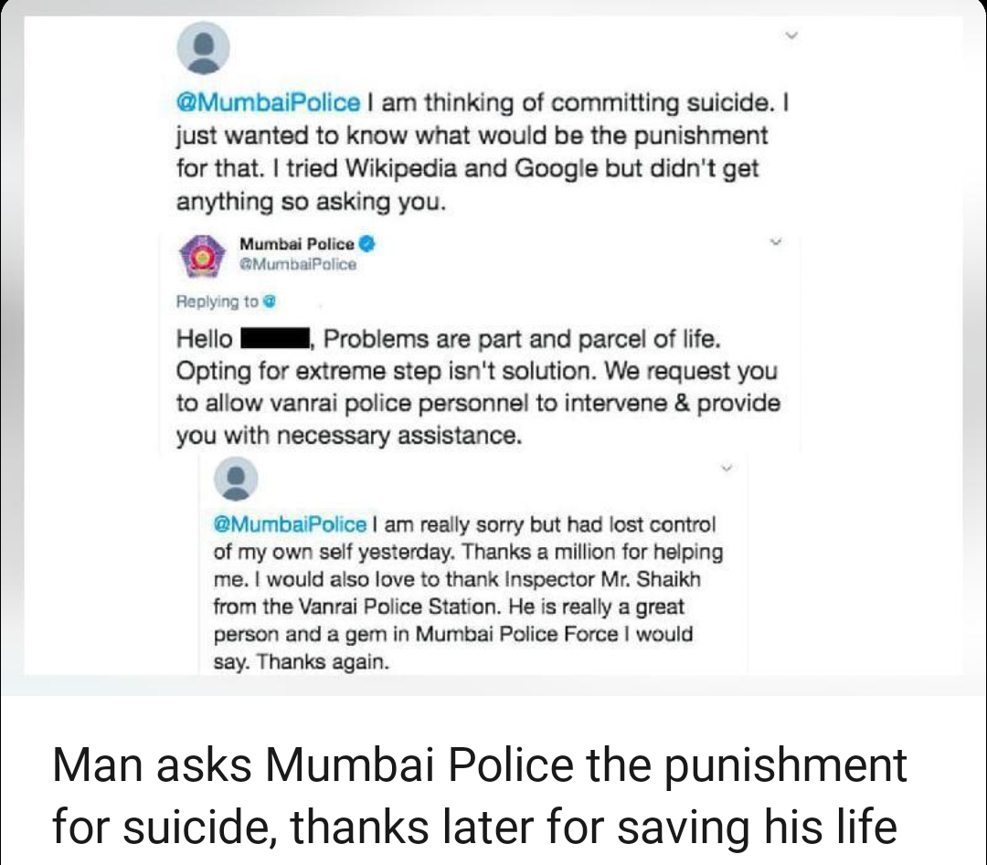web page - Police I am thinking of committing suicide. I just wanted to know what would be the punishment for that. I tried Wikipedia and Google but didn't get anything so asking you. Mumbal Police O Mumbai Police Hello Problems are part and parcel of lif