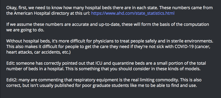 material - Okay, first, we need to know how many hospital beds there are in each state. These numbers came from the American Hospital directory at this url If we assume these numbers are accurate and uptodate, these will form the basis of the computation 