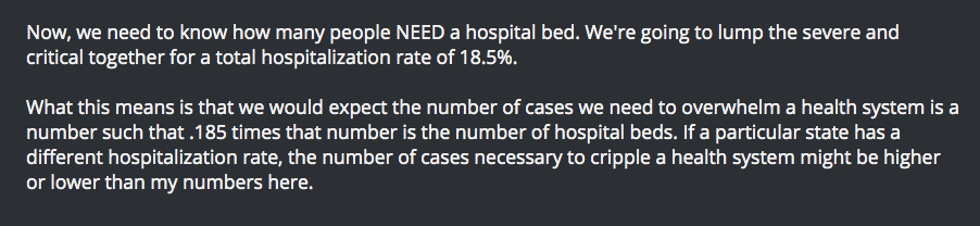angle - Now, we need to know how many people Need a hospital bed. We're going to lump the severe and critical together for a total hospitalization rate of 18.5%. What this means is that we would expect the number of cases we need to overwhelm a health sys
