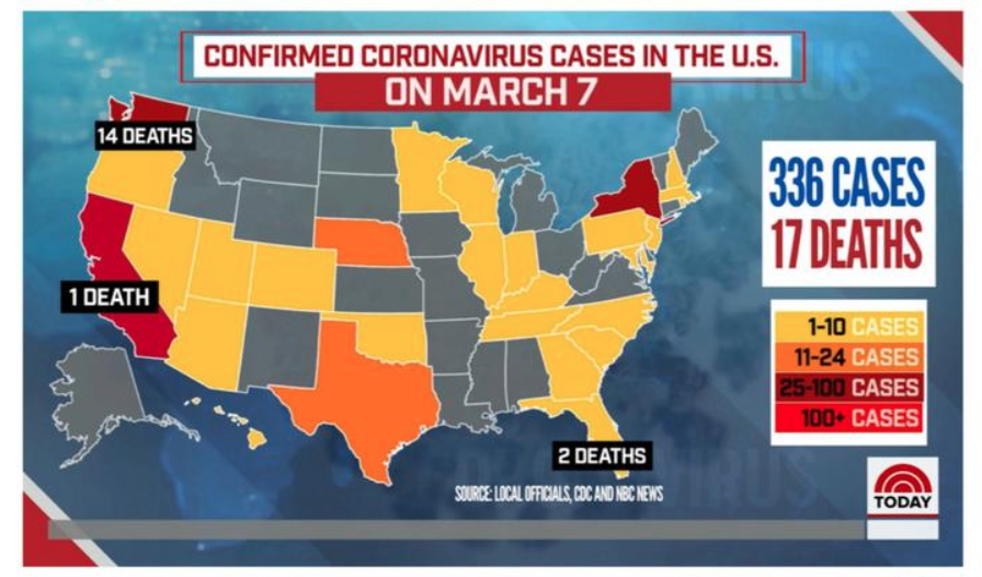 world - Confirmed Coronavirus Cases In The U.S. On March 7 14 Deaths 336 Cases 17 Deaths 1 Death 110 Cases 1124 Cases 25100 Cases 100 Cases 2 Deaths Source Local Officuls, Coc And Nbc News Al Today