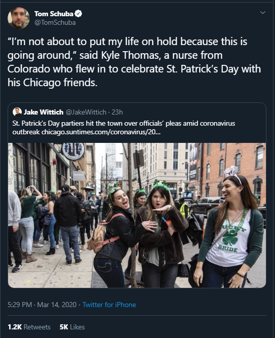 poster - Tom Schuba TomSchuba "I'm not about to put my life on hold because this is going around," said Kyle Thomas, a nurse from Colorado who flew in to celebrate St. Patrick's Day with his Chicago friends. Jake Wittich St. Patrick's Day partiers hit the