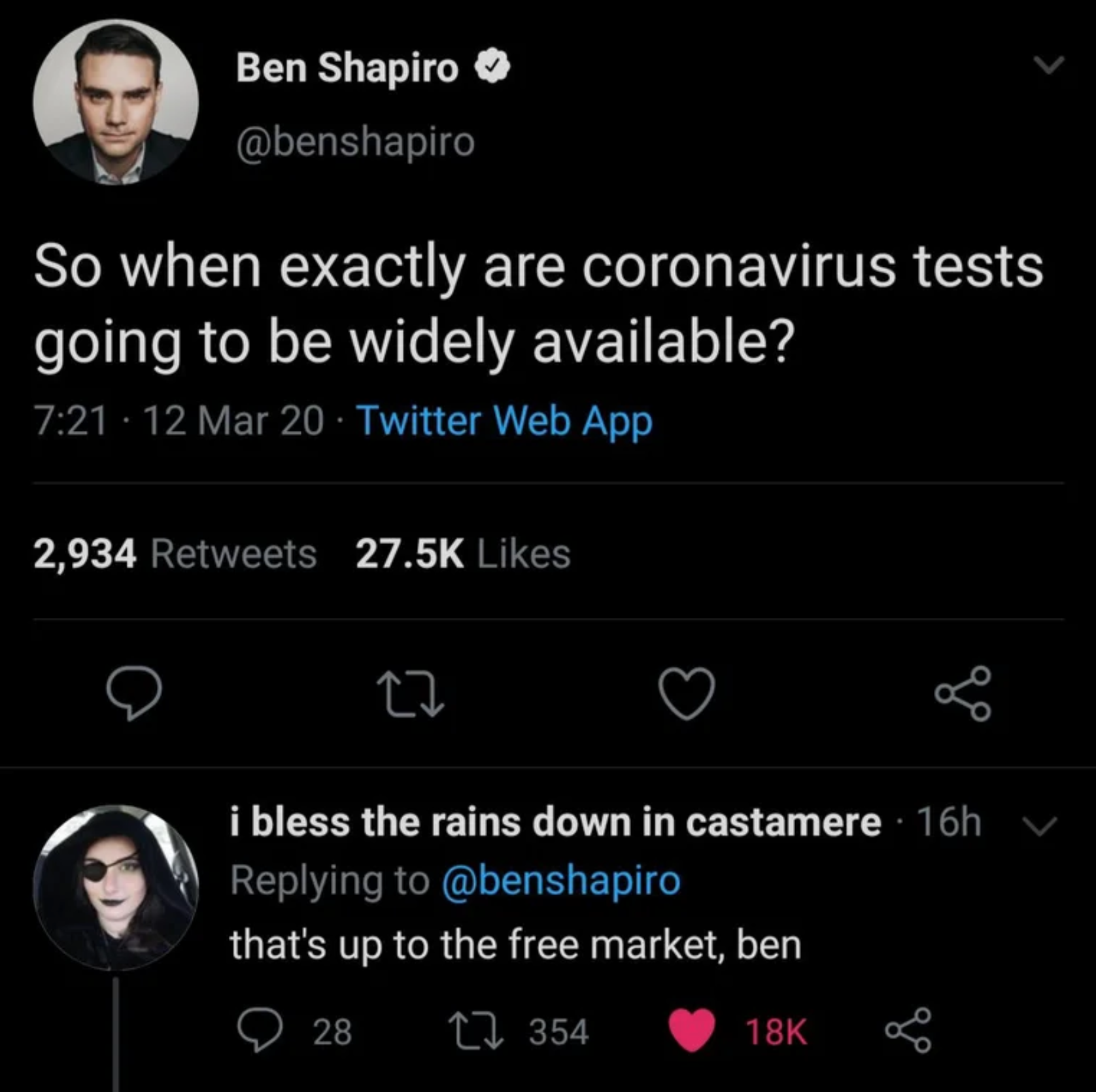 Pidge - Ben Shapiro So when exactly are coronavirus tests going to be widely available? . 12 Mar 20 Twitter Web App 2,934 i bless the rai i bless the rains down in castamere 16h that's up to the free market, ben 28 22