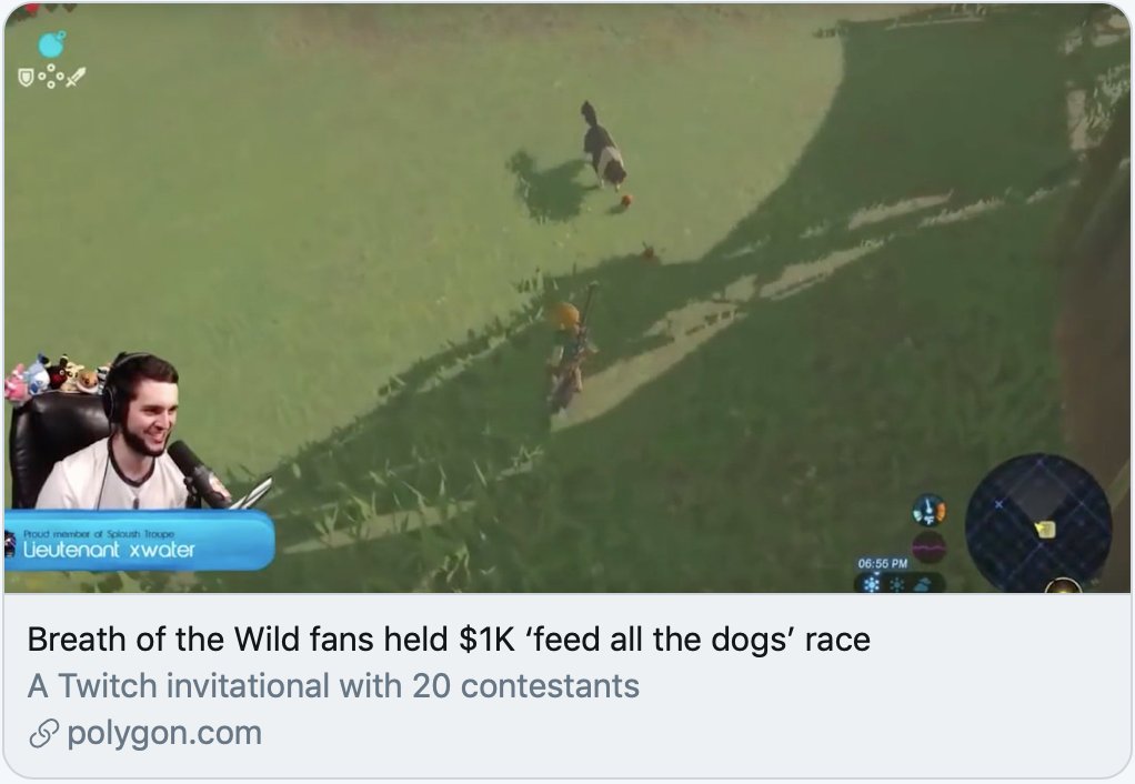 video - Oo Proud member of South Troupe Lieutenant xwater Breath of the Wild fans held $1K 'feed all the dogs' race A Twitch invitational with 20 contestants S polygon.com