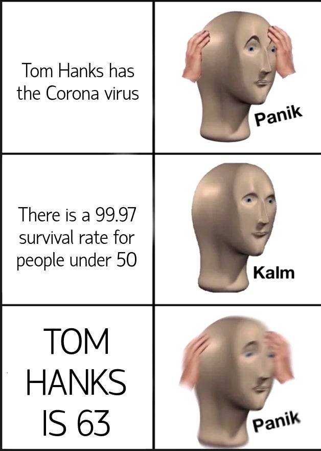panik stonks man meme - Tom Hanks has the Corona virus Panik There is a 99.97 survival rate for people under 50 Kalm Tom Hanks Is 63 Panik