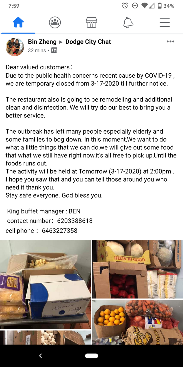 food - Bin Zheng > Dodge City Chat 32 ming Dear valued customers! Due to the public health concerns recent cause by Covid19 we are temporary closed from 3172020 till further notice. The restaurant also is going to be remodeling and additional clean and…