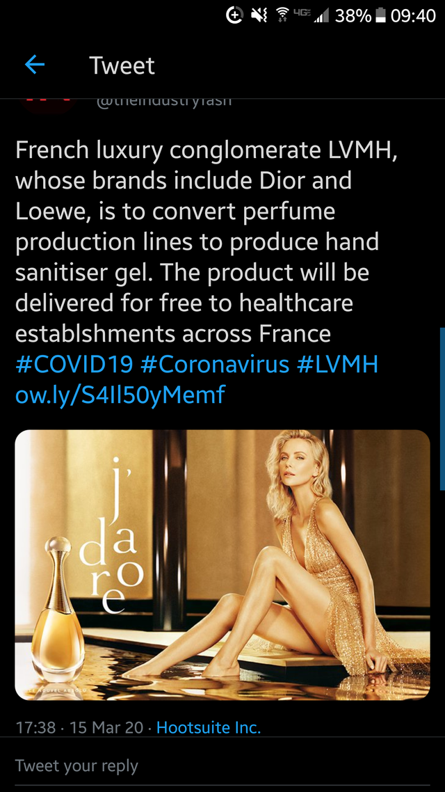 poster - ONS38% . Tweet Gas yras French luxury conglomerate Lvmh, whose brands include Dior and Loewe, is to convert perfume production lines to produce hand sanitiser gel. The product will be delivered for free to healthcare establshments across France…