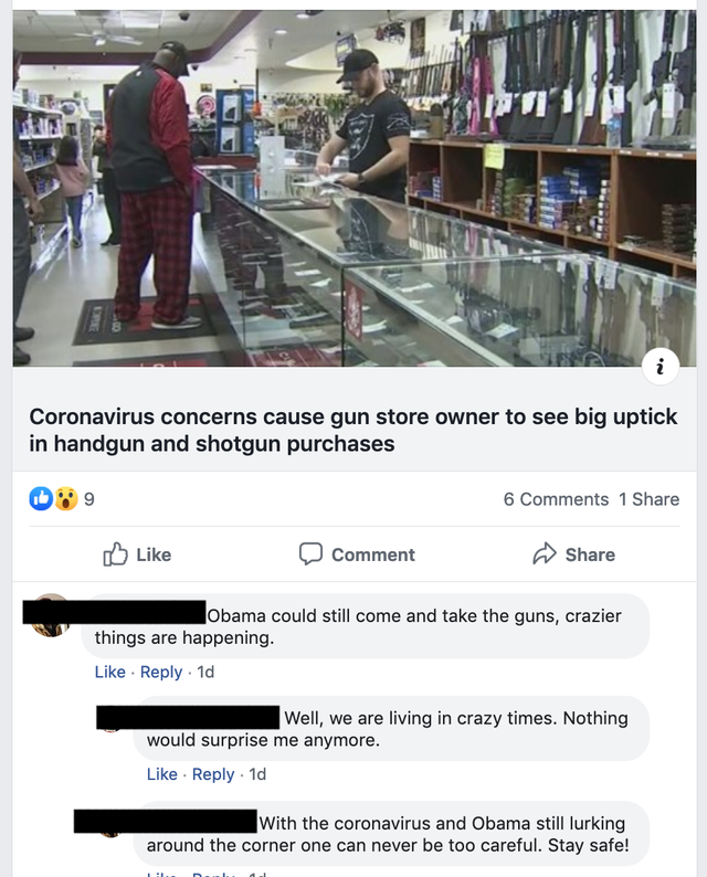 Ti Coronavirus concerns cause gun store owner to see big uptick in handgun and shotgun purchases 6 1 Comment Obama could still come and take the guns, crazier things are happening. 1d Well, we are living in crazy times. Nothing would surprise me anymore.…