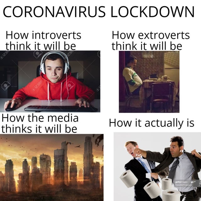 Internet meme - Coronavirus Lockdown How introverts think it will be How extroverts think it will be How the media thinks it will be How it actually is retty 25