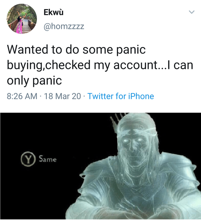 ww3 gamers memes - Ekw Ekw Wanted to do some panic buying,checked my account...I can only panic 18 Mar 20 Twitter for iPhone Y Same
