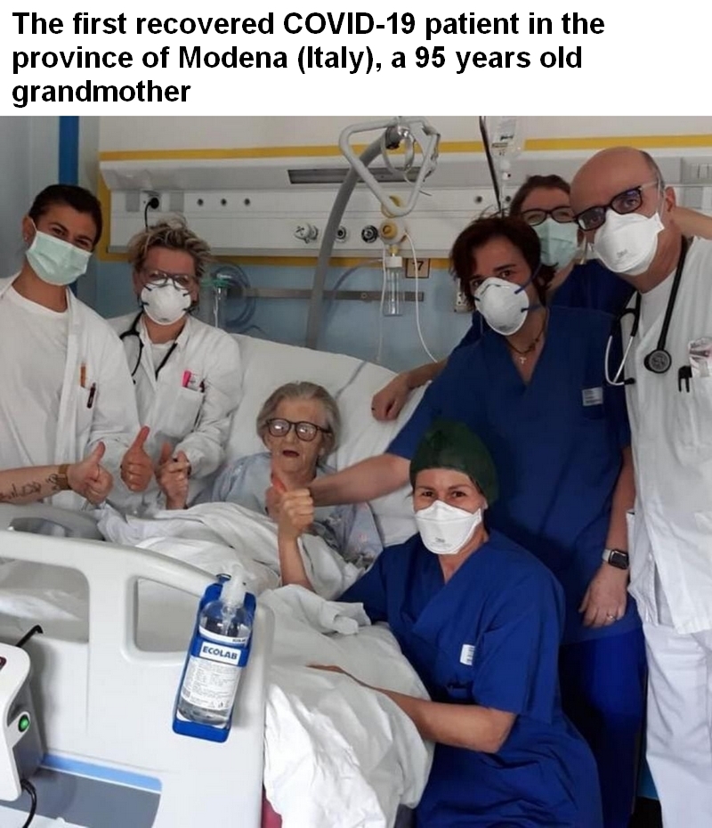 happy memes, wholesome memes, nice memes, clean memes, 2020 memes - Coronavirus - The first recovered Covid19 patient in the province of Modena Italy, a 95 years old grandmother Ecolab