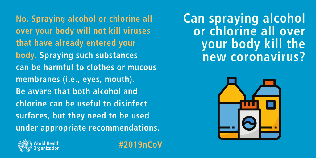 alcohol coronavirus - Can spraying alcohol or chlorine all over your body kill the new coronavirus? No. Spraying alcohol or chlorine all over your body will not kill viruses that have already entered your body. Spraying such substances can be harmful to c