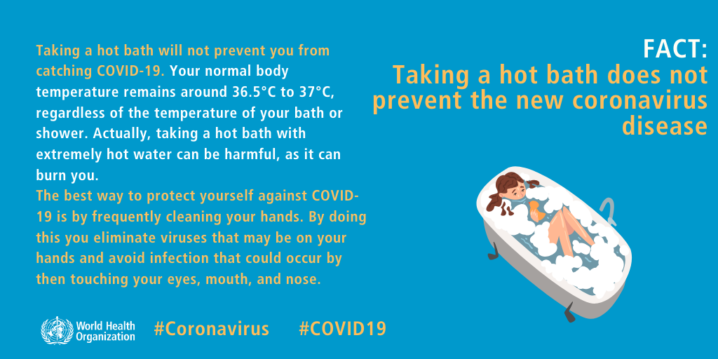 coronavirus myth - Taking a hot bath will not prevent you from Fact catching Covid19. Your normal body Taking a hot bath does not temperature remains around 36.5C to 37C, prevent the new coronavirus regardless of the temperature of your bath or shower. Ac