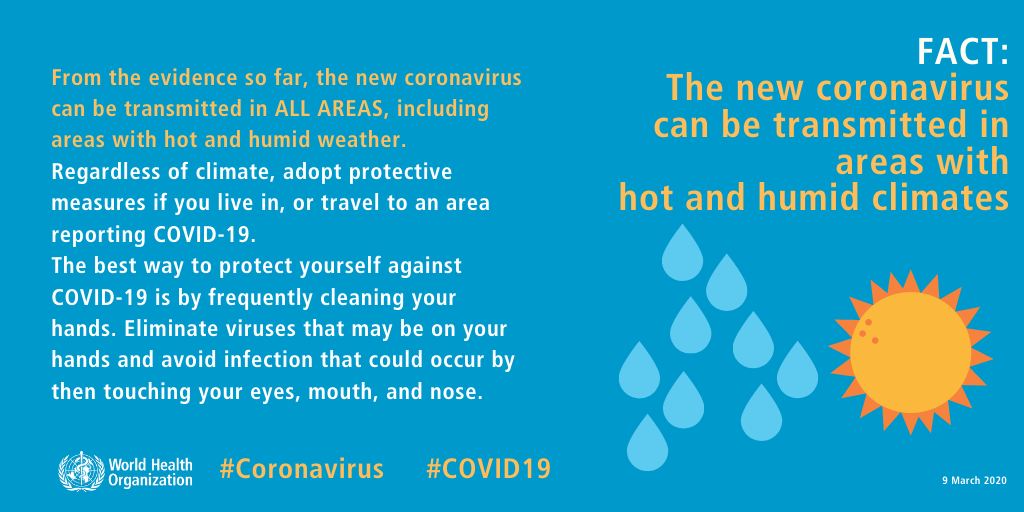 world health organization - Fact The new coronavirus can be transmitted in areas with hot and humid climates From the evidence so far, the new coronavirus, can be transmitted in All Areas, including areas with hot and humid weather. Regardless of climate,