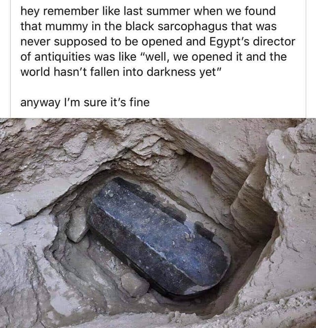 alexandria egypt news - hey remember last summer when we found that mummy in the black sarcophagus that was never supposed to be opened and Egypt's director of antiquities was "well, we opened it and the world hasn't fallen into darkness yet" anyway I'm s