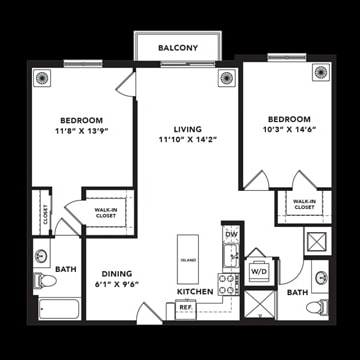 Closet - Balcony Bedroom 11'8" X 13'9" Bedroom 10'3" X 14'6" Living 11'10" X 14'2" Dining 6'1" X