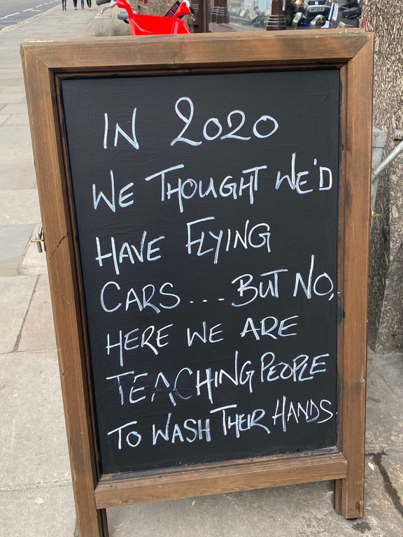 blackboard - In 2020 We Thought Wed Have Flying 'Cars... But No, Here We Are Tenching People To Wash Their Hands
