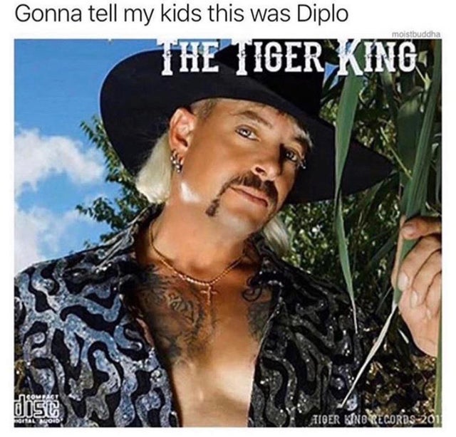 tiger king - meme - album cover - Gonna tell my kids this was Diplo moistbuddha The Tiger King ncore Oise orta Aider No Records
